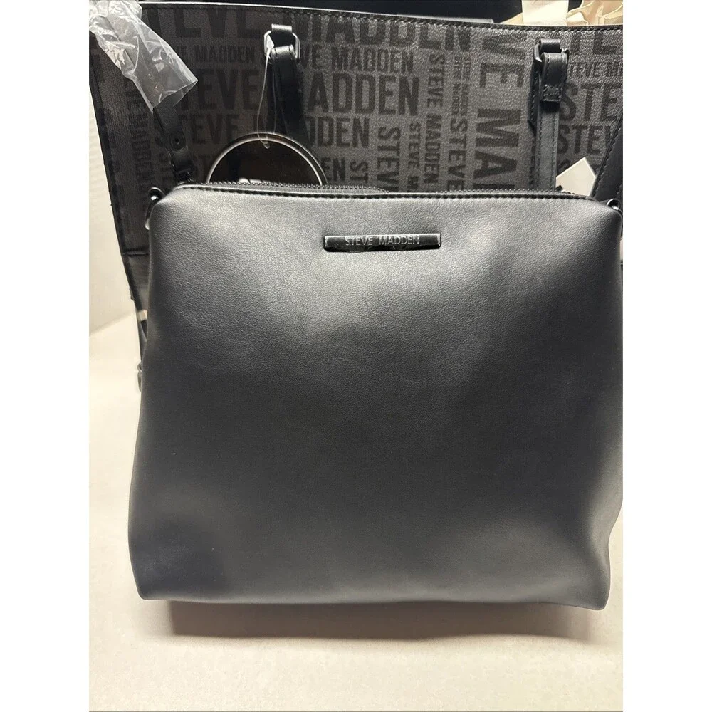 Steve Madden Black Bolivia Tote Logo Bag with Interior  Pouch Black